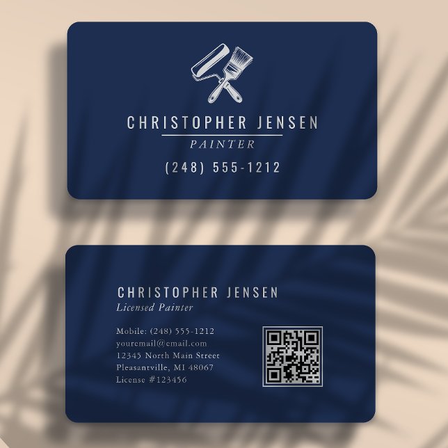 Carte De Visite Code QR Peintre Navy Blue Gris Arrondi Peinture (Créateur téléchargé)