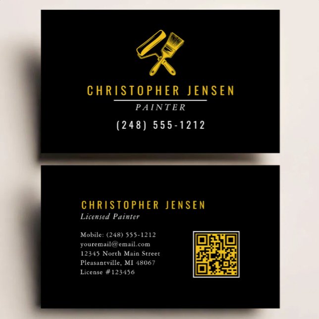 Carte De Visite Code QR Peintre Noir Jaune Peinture (Créateur téléchargé)