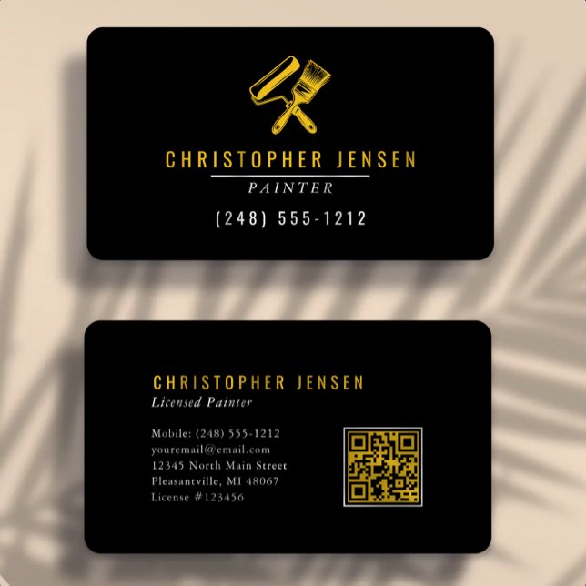 Carte De Visite Code QR Peintre Noir Jaune Peinture Arrondie (Créateur téléchargé)