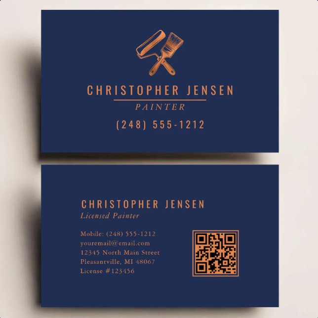 Carte De Visite Code QR peintre Peinture Entreprise Bleu marine Cu (Créateur téléchargé)