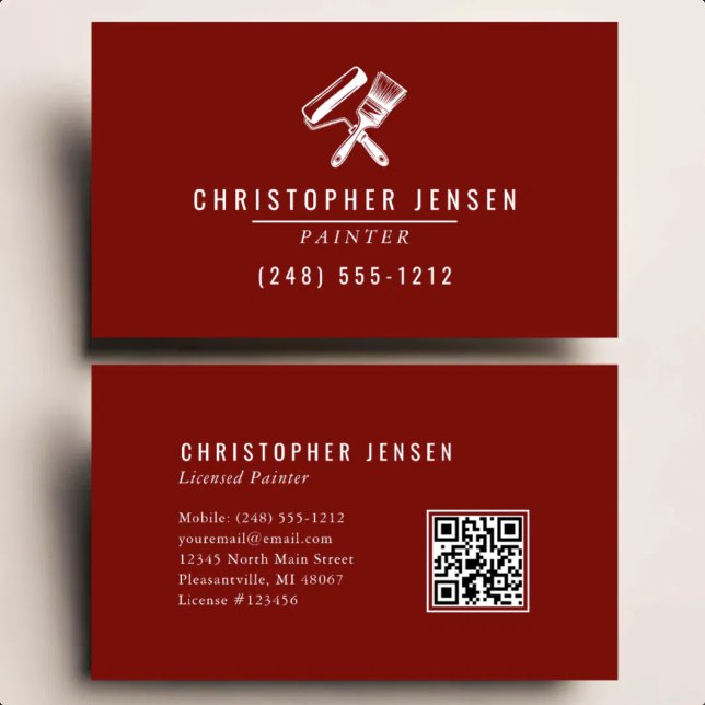 Carte De Visite Code QR Peintre Peinture Rouge Bourgogne (Créateur téléchargé)