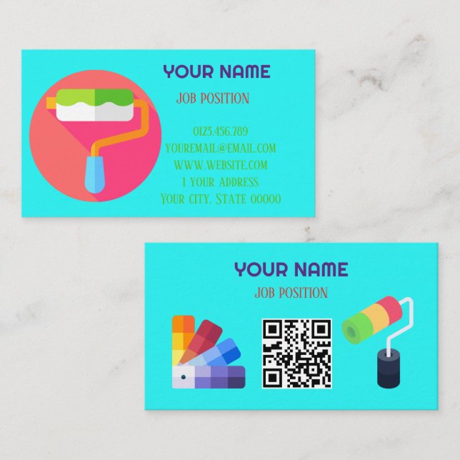 Carte De Visite Code QR Peintre Professionnel Moderne Cyan (Devant / Derrière)