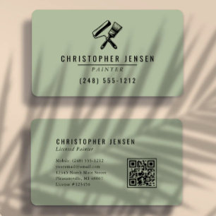 Carte De Visite Code QR Peintre Sage Vert Noir Peinture Arrondie