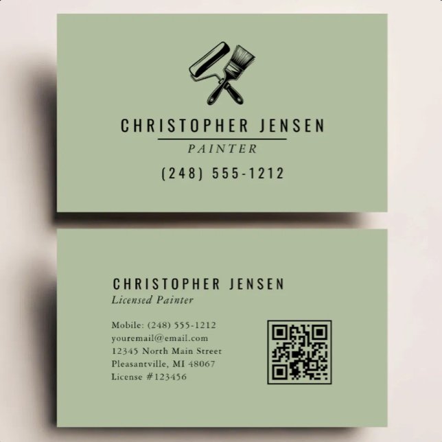 Carte De Visite Code QR Peintre Sage Vert Peinture Noir (Créateur téléchargé)
