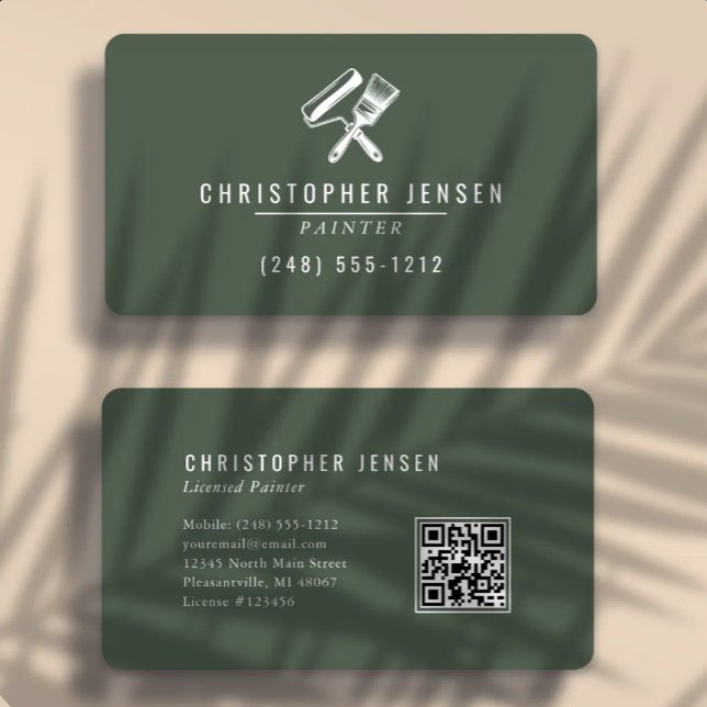 Carte De Visite Code QR Peintre Vert Foncé Arrondi Peinture (Créateur téléchargé)