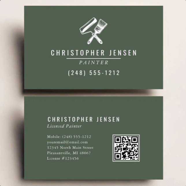 Carte De Visite Code QR Peintre Vert Foncé Peinture (Créateur téléchargé)