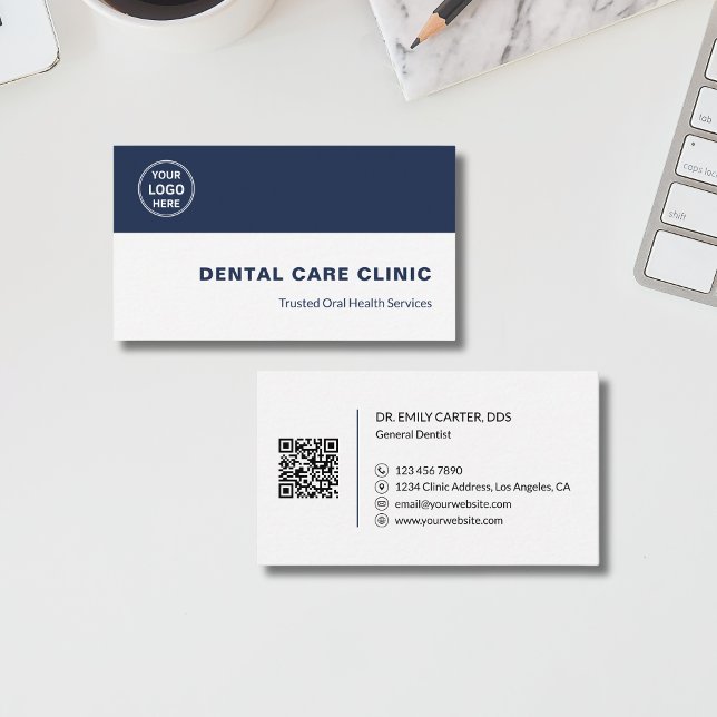 Carte De Visite Code QR personnalisé avec logo pour clinique denta (Dental Clinic Dentist Custom Logo QR Code Business Card)