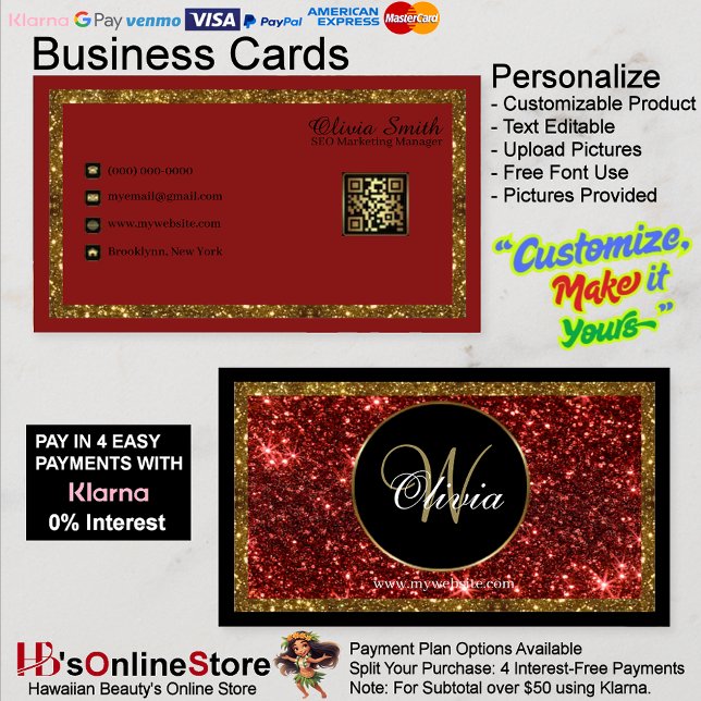Carte De Visite Code QR personnalisé avec monogramme rouge et or p (Personalized Monogram Red Gold Glitter QR Code Business Card 21.)