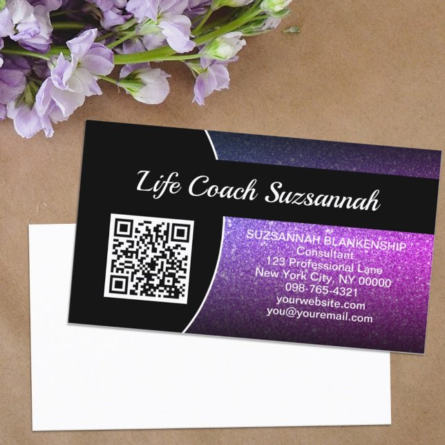 Carte De Visite Code QR personnalisé avec ombre violette professio (All information on the front allows room for handwritten notes on the back of this business card. )