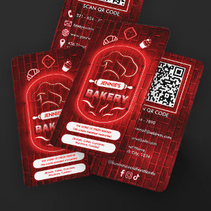 Carte De Visite Code QR personnalisé de boulangerie néon rouge ten