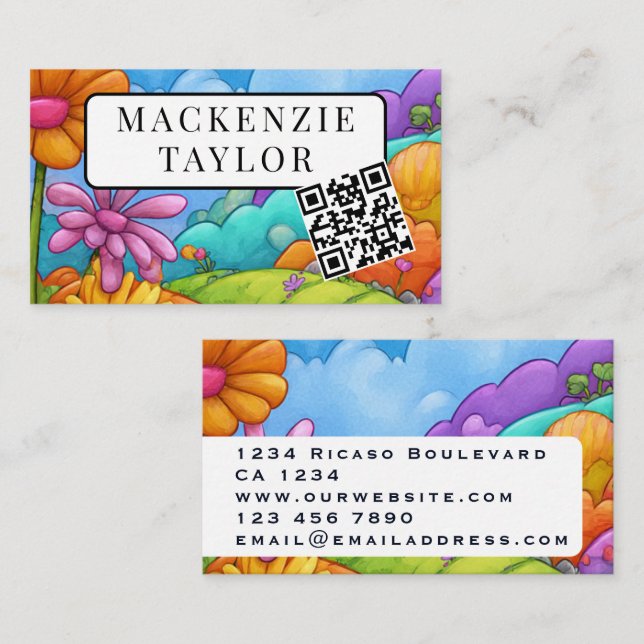 Carte De Visite Code QR personnalisé de fleur de dessin animé colo (Devant / Derrière)