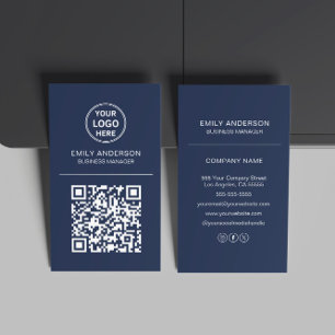 Carte De Visite Code QR personnalisé Logo Minimal Bleu marine