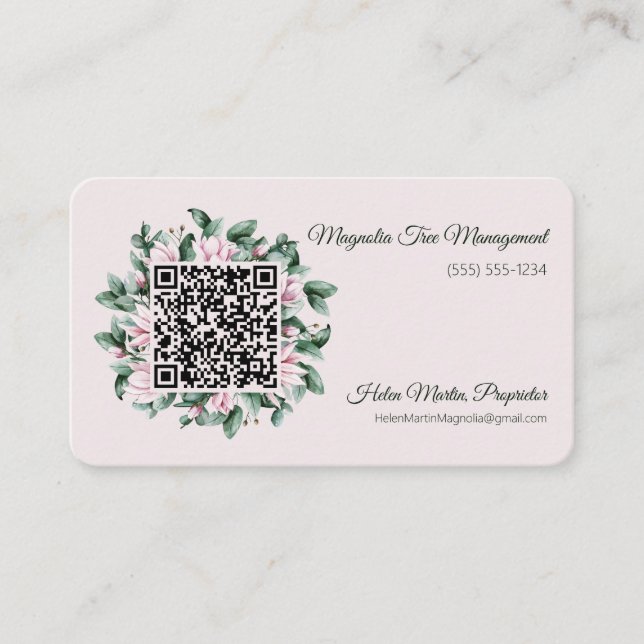 Carte De Visite Code QR personnalisé Magnolia cadre de fleurs (Devant)