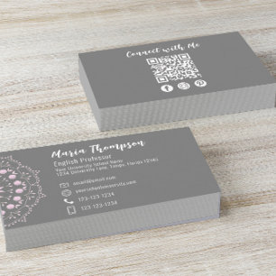 Carte De Visite Code QR personnalisé Médias sociaux rose gris élég