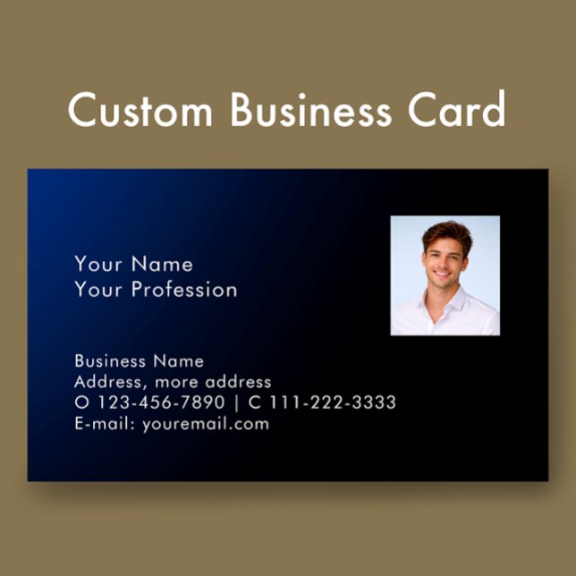 Carte De Visite Code QR personnalisé moderne et élégant avec un dé (Personalize all the modern text. Add your photo to classy blue gradient professional business card.)