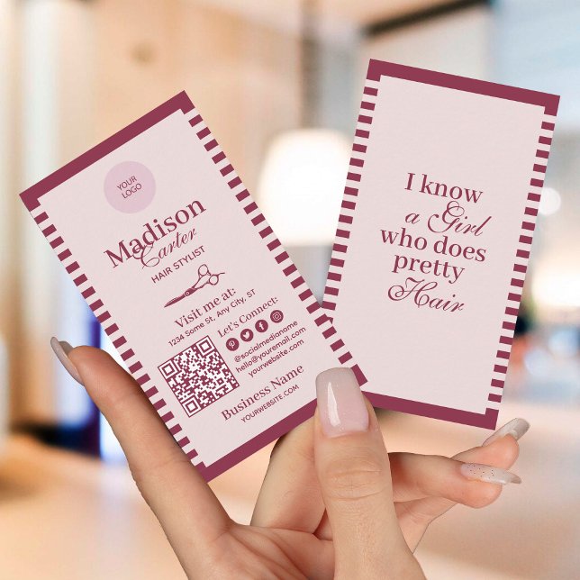 Carte De Visite Code QR personnalisé pour coiffeur aux rayures vin (Créateur téléchargé)