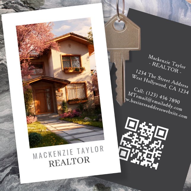 Carte De Visite Code QR personnalisé professionnel pour agent immo (Realtor Photo Professional Personalized QR Code Business Card by Ricaso. Real estate seller cards)