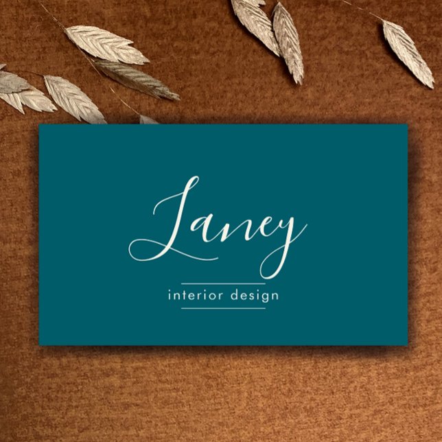 Carte De Visite Code QR personnalisé sarcelle pour professionnel d (Custom elegant script teal and cream simple interior design professional business card template.
)