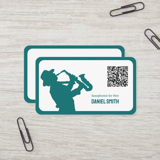Carte De Visite Code QR personnalisé Saxophoniste (Devant/Arrière en situation)