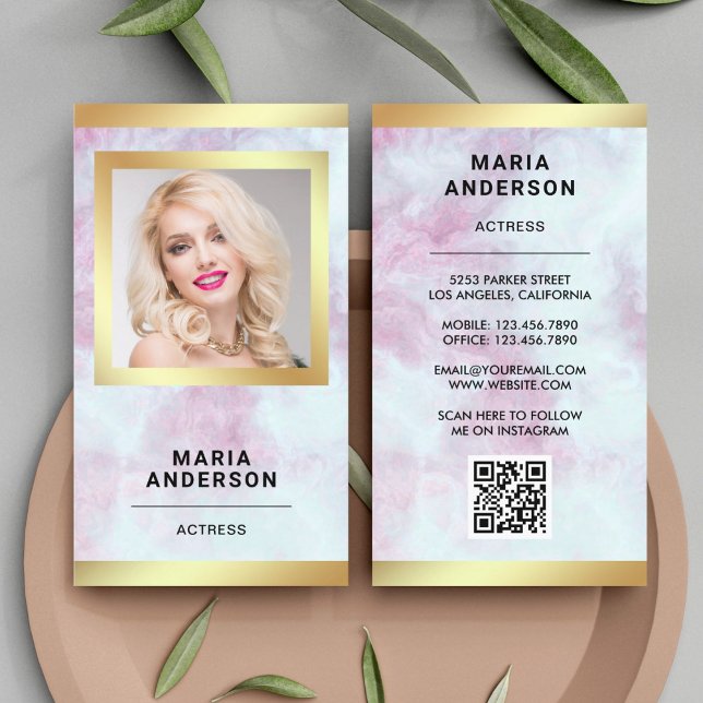 Carte De Visite Code QR Photo Actrice Modèle Or Marbre Rose (Créateur téléchargé)