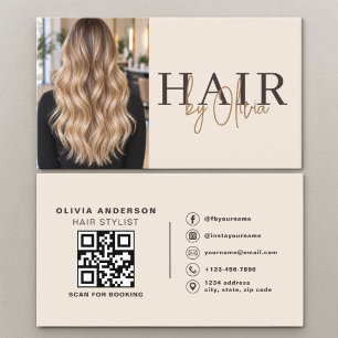 Carte De Visite Code QR photo beige neutre pour coiffeur 