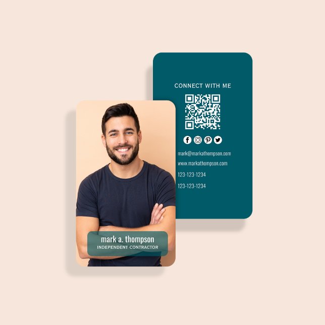 Carte De Visite Code QR photo bleu foncé Connectez-vous avec moi (Dark teal photo card with QR code and minimalist connect with me design)
