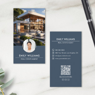 Carte De Visite Code QR Photo Bleu Immobilier Réseaux Sociaux