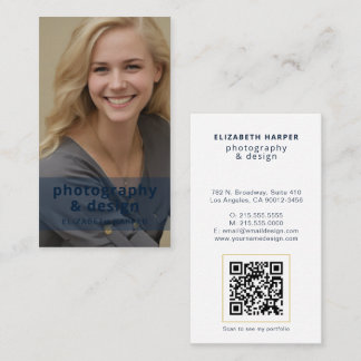 Carte De Visite Code QR Photo Bleu Marine Moderne Or Professionnel