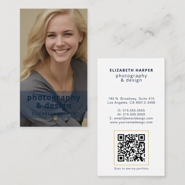 Carte De Visite Code QR Photo Bleu Marine Moderne Or Professionnel (Devant / Derrière)
