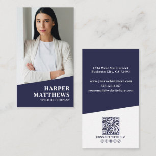 Carte De Visite Code QR Photo Bleu Marine Vertical