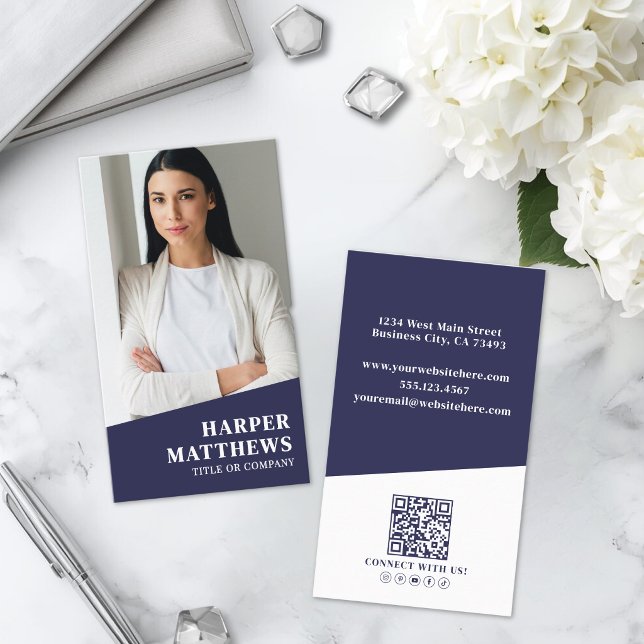 Carte De Visite Code QR Photo Bleu Marine Vertical (Navy Blue Photo QR Code Vertical Business Card )
