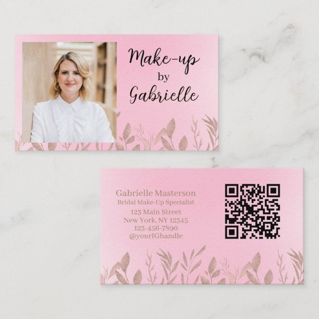 Carte De Visite Code QR photo boho rose pâle botanique moderne   (Devant / Derrière)