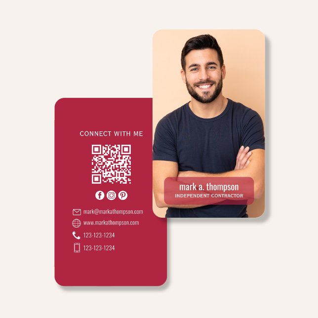 Carte De Visite Code QR Photo Connectez-vous avec moi Bourgogne Mo (Elegant burgundy QR code contact design with photo and clean modern layout)