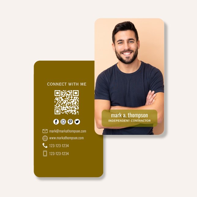 Carte De Visite Code QR Photo Connectez-vous avec moi Moutarde Mod (Mustard gold QR code business card with photo and clean modern layout)