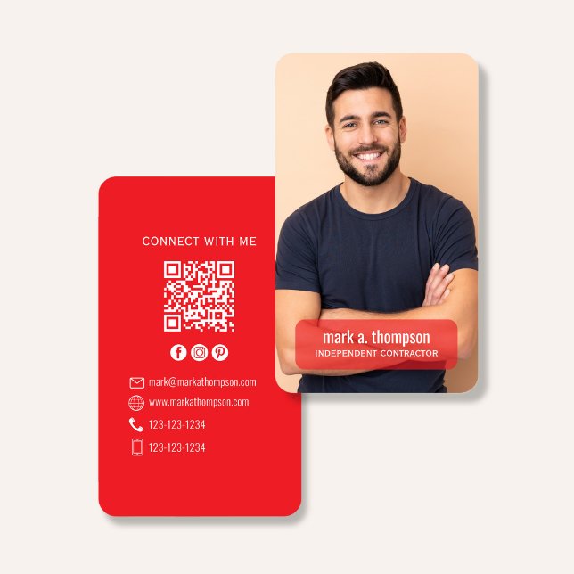 Carte De Visite Code QR Photo Connectez-vous avec moi Rouge Modern (Bold red QR code contact design with photo and clean modern professional layout)