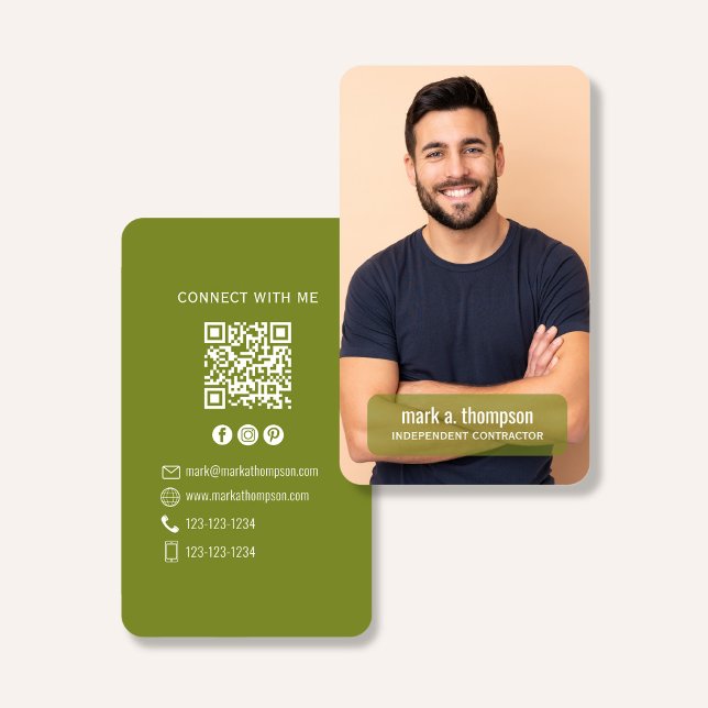 Carte De Visite Code QR Photo Connectez-vous avec moi Vert olive (Modern olive green QR code contact design with photo and clean natural branding)