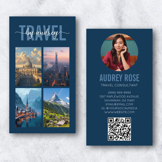 Carte De Visite Code QR photo d'agent de voyages consultant bleu m (Créateur téléchargé)