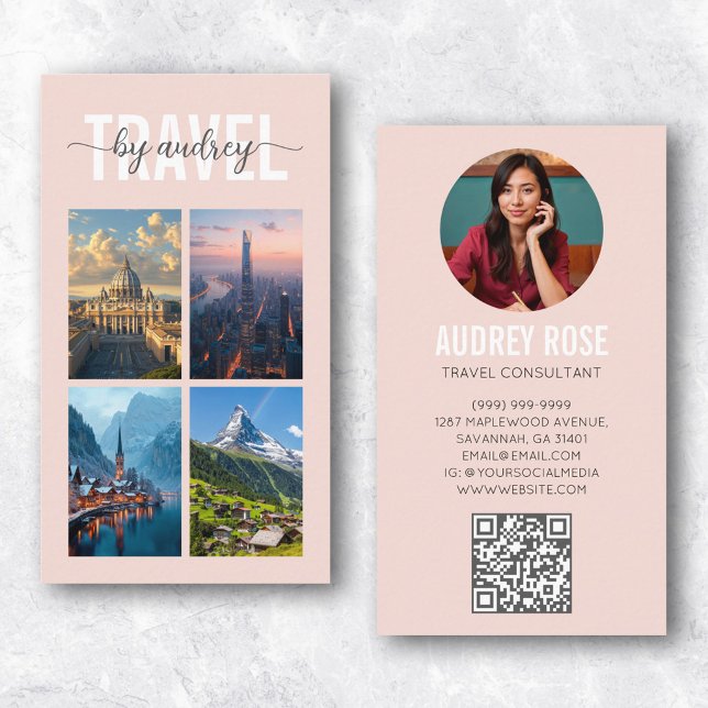 Carte De Visite Code QR photo d'agent de voyages consultant rose b (Créateur téléchargé)