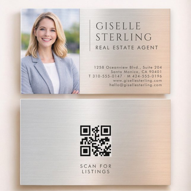 Carte De Visite Code QR photo d'agent immobilier en métal brossé (Créateur téléchargé)