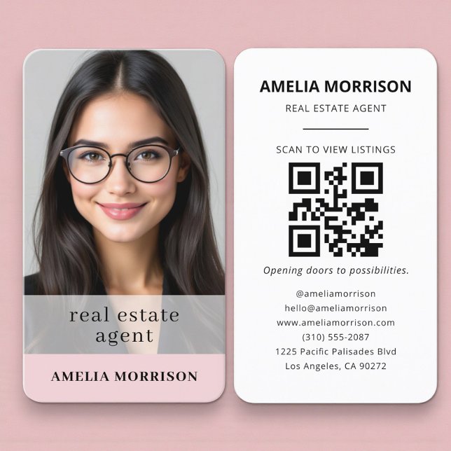 Carte De Visite Code QR photo d'agent immobilier féminin  (Créateur téléchargé)