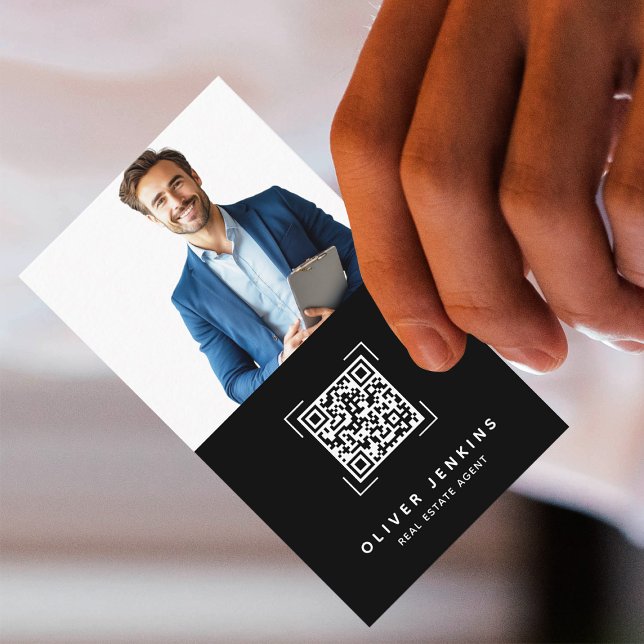 Carte De Visite Code QR photo d'agent immobilier noir et blanc (Créateur téléchargé)