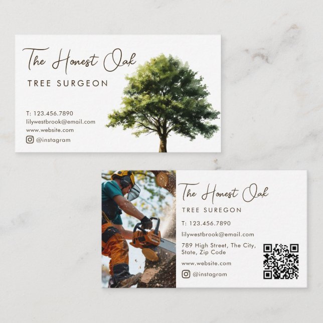 Carte De Visite Code QR photo d'arbre de chêne à l'aquarelle avec  (Devant / Derrière)