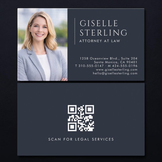 Carte De Visite Code QR photo d'avocat bleu marine  (Créateur téléchargé)