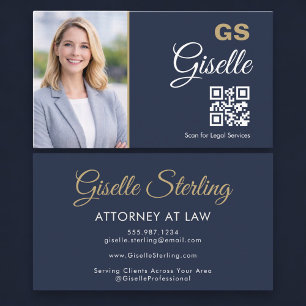Carte De Visite Code QR photo d'avocat bleu marine or