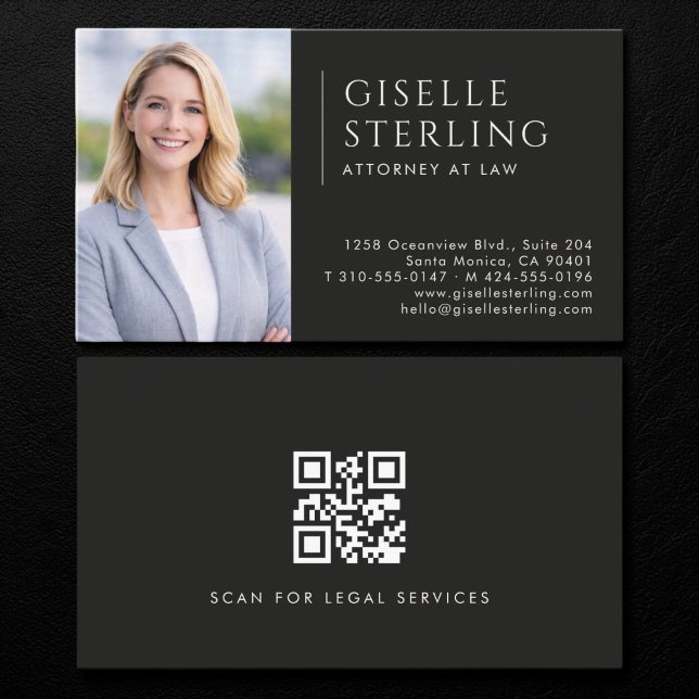 Carte De Visite Code QR photo d'avocat noir (Créateur téléchargé)