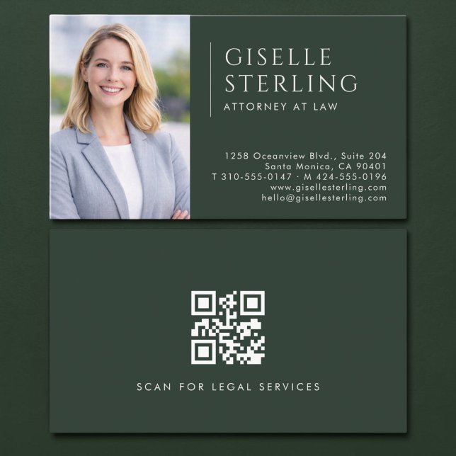 Carte De Visite Code QR photo d'avocat vert (Créateur téléchargé)