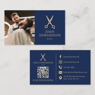 Carte De Visite Code QR photo de ciseaux de barbier Luxe Or Bleu
