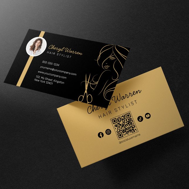 Carte De Visite Code QR photo de coiffeur élégant moderne noir (Créateur téléchargé)