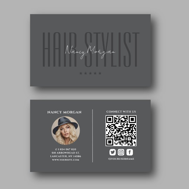 Carte De Visite Code QR photo de coiffeur Gris foncé  (Créateur téléchargé)