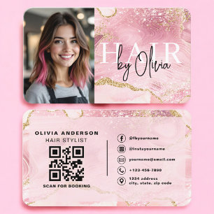 Carte De Visite Code QR photo de coiffeur Marbre Rose